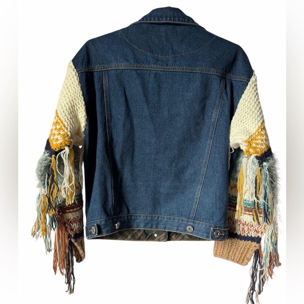 POL Denim Jacket with Multicolor Knit Fringe Sleeves Boho Festival Fall